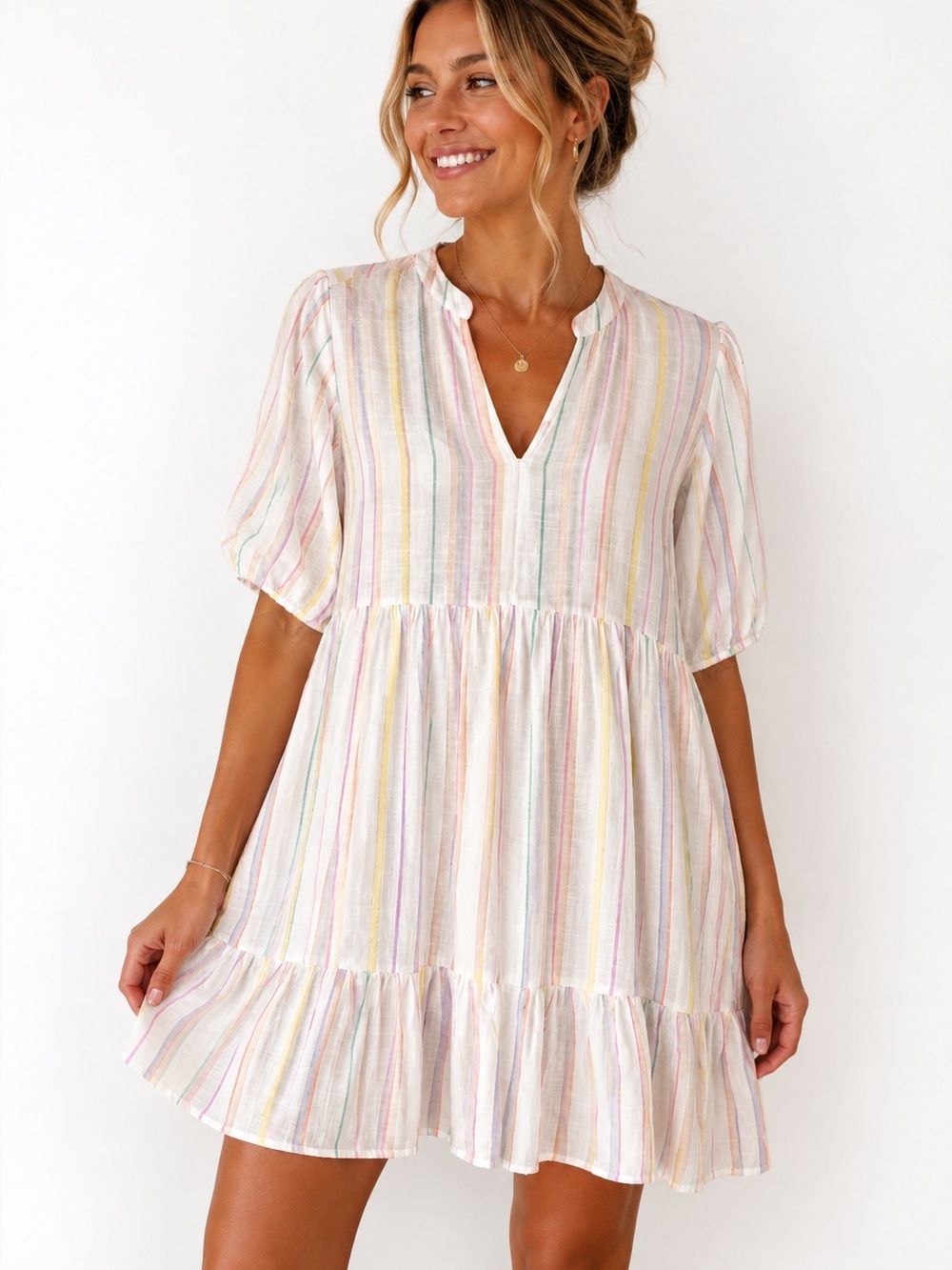 Lucky Brand White Pastel Multicolor Striped V-Neck Tunic w pockets